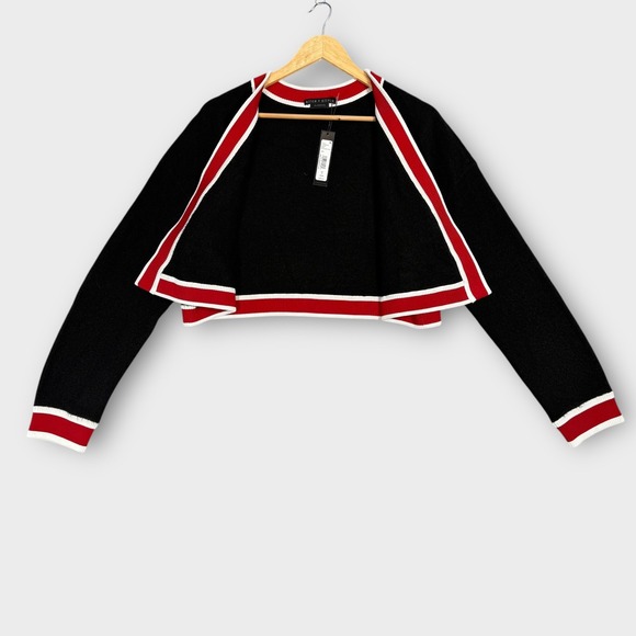 Alice + Olivia Women's Juana Tipped Stripe Crop‎ Cardigan Black/ Red Size XL NEW - Picture 6 of 14